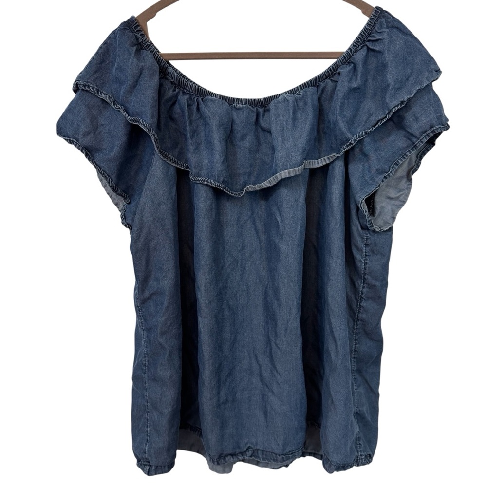 Westbound Chambray Denim Lyocell Ruffle Off-Shoulder Blouse Western Flowy Boho